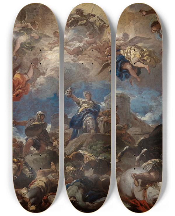 Triptych art skateboard deck of Luca Giordano Judith Displaying The Head Of Holofernes by Luca Giordano (1634-1705)