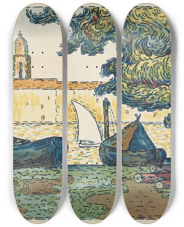 Triptych art skateboard deck of Paul Signac St Tropez The Port Of St Tropez by Paul Signac (1863-1935)