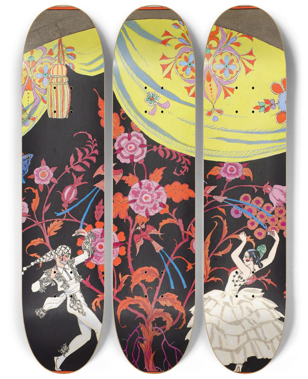 Triptych art skateboard deck of George Barbier Le Flamenco by George Barbier (1882-1932)