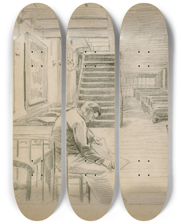 Triptych art skateboard deck of Santiago Rusiol Waiting For Customers by Santiago Rusinol (1861-1931)