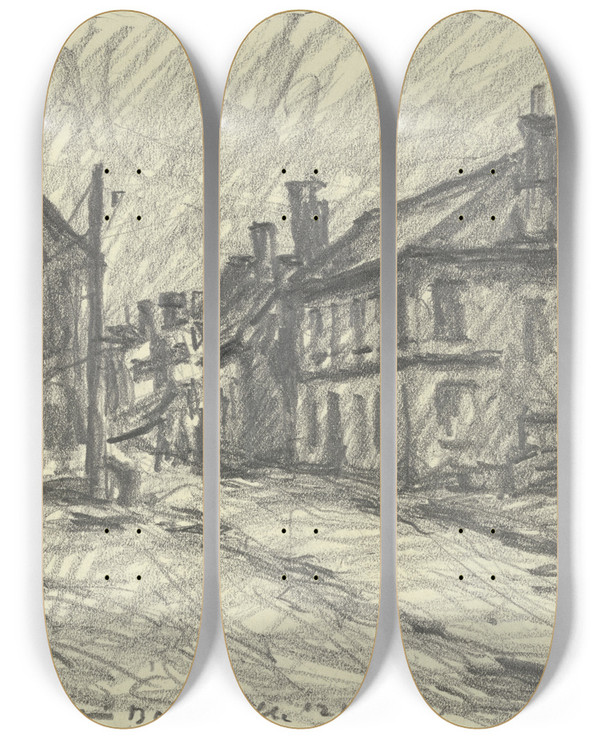 Triptych art skateboard deck of Jakob Nussbaum Street In Bouconville by Jakob Nussbaum (1873-1936)