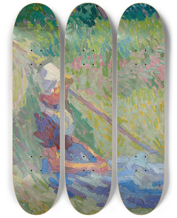 Triptych art skateboard deck of Jan Toorop Girl Resting Against A Haystack by Jan Toorop (1858-1928)