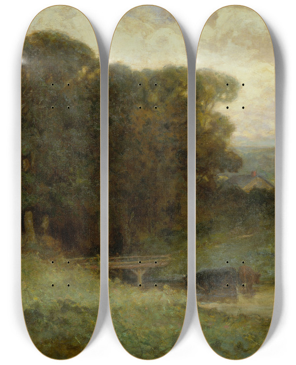 Triptych art skateboard deck of Edward Mitchell Bannister Untitled Forest Scene With Bridge Cows In Stream In Foreground by Edward Mitchell Bannister (1828-1901)