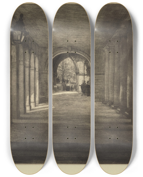 Triptych art skateboard deck of Percy Thomas The Cloisters by Percy Thomas