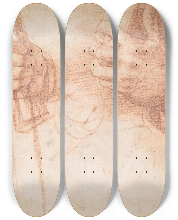 Triptych art skateboard deck of Andrea Del Sarto Studies Of Hands by Andrea del Sarto (1486-1530)