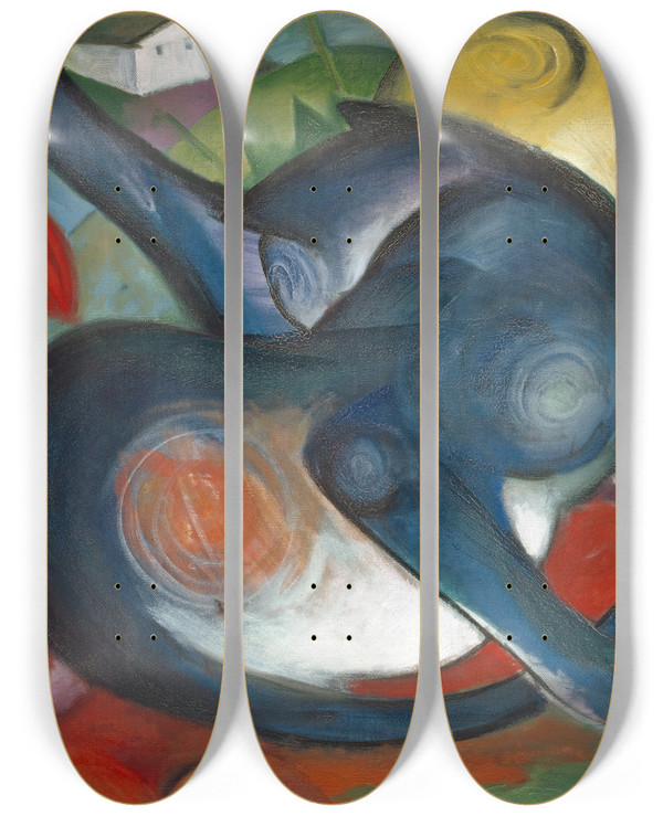 Triptych art skateboard deck of Franz Marc Two Cats Blue And Yellow by Franz Marc (1880-1916)