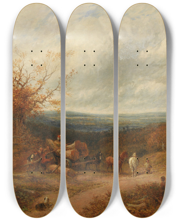 Triptych art skateboard deck of John Linnell Woodcutters by John Linnell (1792-1882)