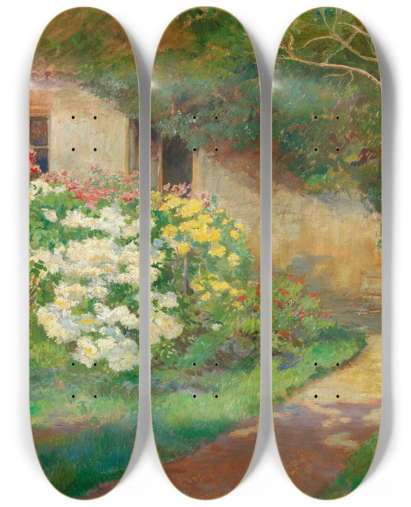 Triptych art skateboard deck of Hugo Charlemont Farmhouse Garden by Hugo Charlemont (1850-1939)
