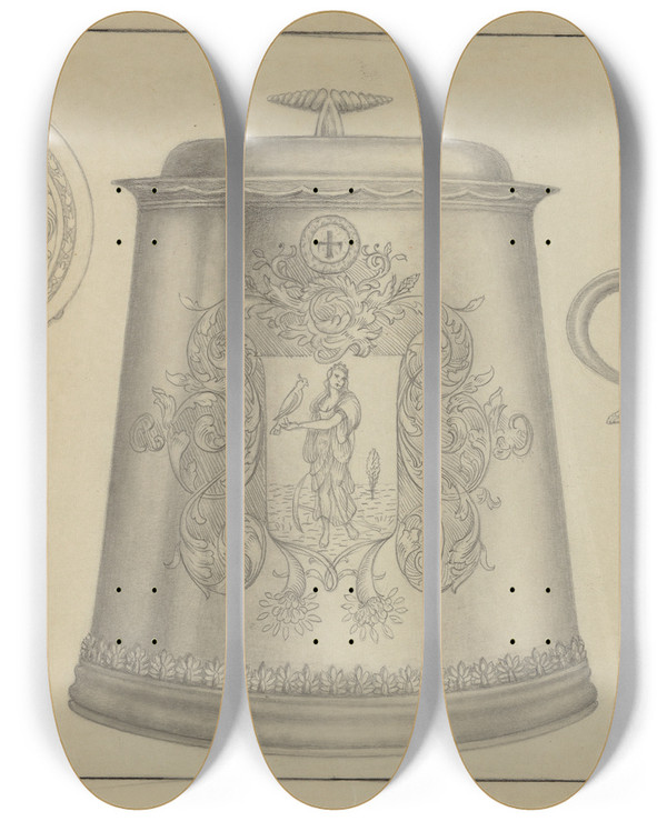 Triptych art skateboard deck of Eugene La Foret Silver Tankard by Eugene La Foret
