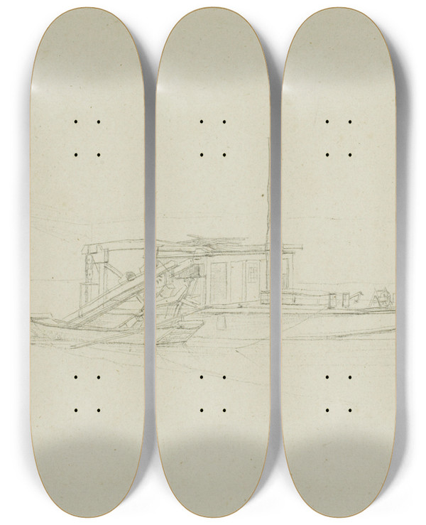 Triptych art skateboard deck of Charles Meryon A Dredge by Charles Meryon (1821-1868)