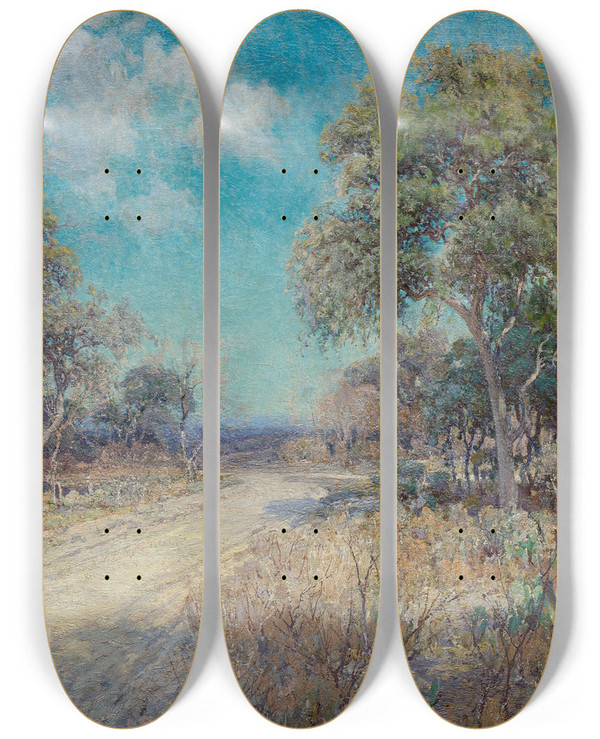 Triptych art skateboard deck of Julian Onderdonk Road To The Hills by Julian Onderdonk (1882-1922)