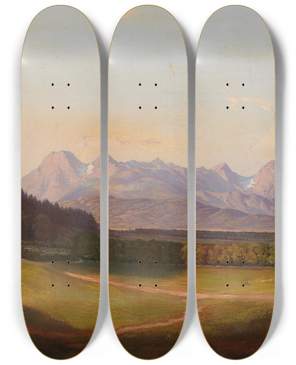 Triptych art skateboard deck of Anton Karinger Radetzky Villa And The Kamnik Alps In Krain by Anton Karinger (1829-1870)