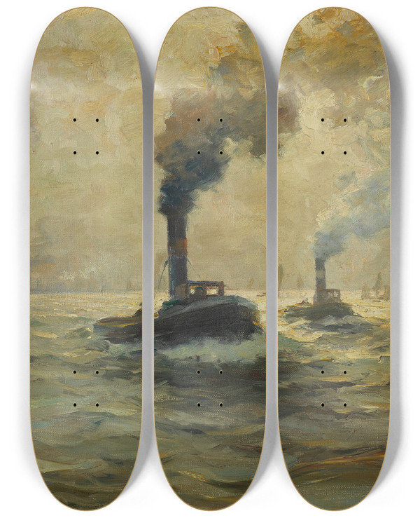 Triptych art skateboard deck of Paul Wolde Zwei Dampfschlepper Im Hamburger Hafen by Paul Wolde (1885-1948)
