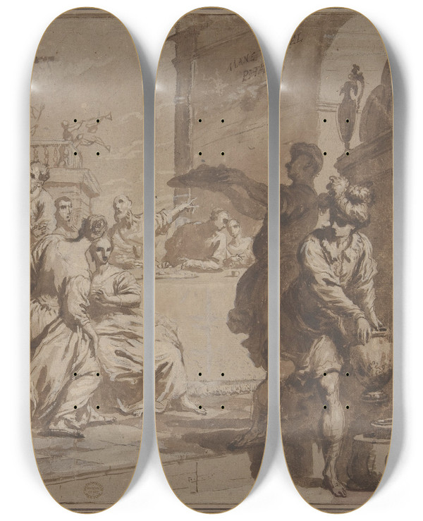 Triptych art skateboard deck of Antonio Gionima The Feast Of Belshazzar by Antonio Gionima (1697-1732)
