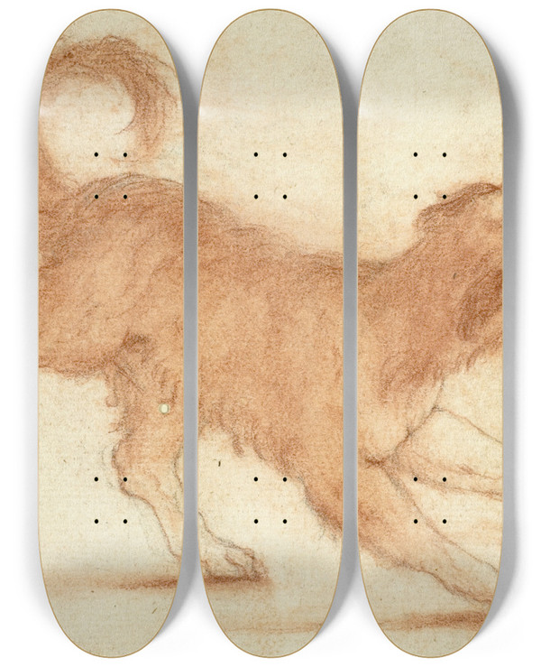 Triptych art skateboard deck of Dirk Valkenburg Growling Dog Ready To Pounce by Dirk Valkenburg (1675-1721)