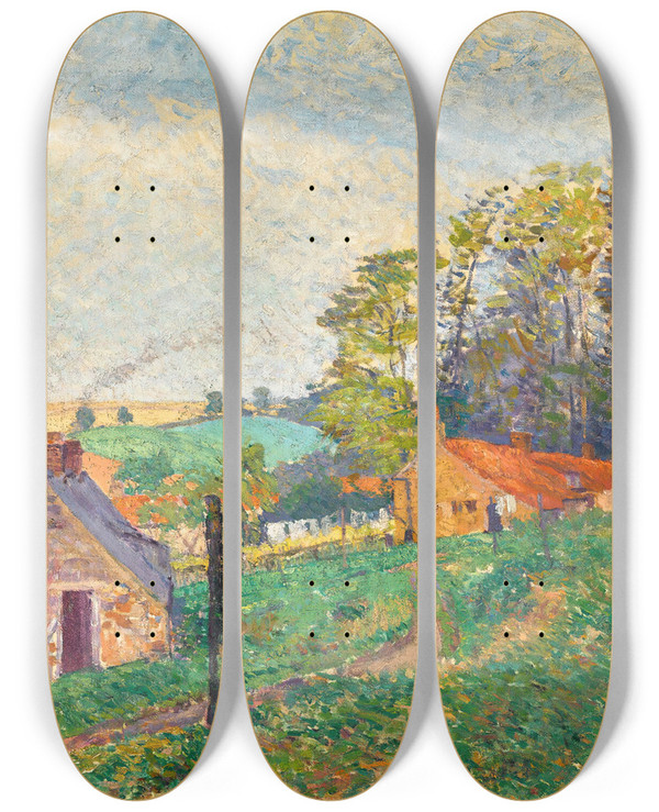 Triptych art skateboard deck of Spencer Frederick Gore Landscape With Cottages by Spencer Frederick Gore (1878-1914)