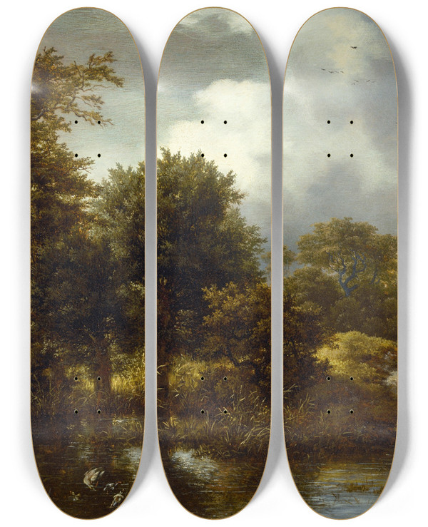 Triptych art skateboard deck of Jacob Van Ruisdael A Wooded Landscape With A Pond by Jacob Van Ruisdael (1628-1682)