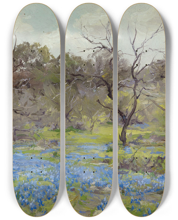 Triptych art skateboard deck of Julian Onderdonk Early Springbluebonnets And Mesquite by Julian Onderdonk (1882-1922)
