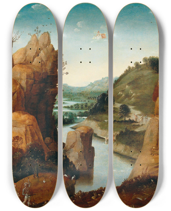Triptych art skateboard deck of Follower Of Joachim Patinir A Rocky Landscape With Scenes From The Life Of Saint John The Baptist by Follower Of Joachim Patinir (1480-1524)