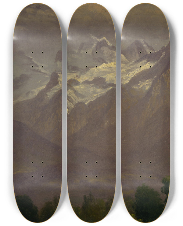 Triptych art skateboard deck of Albert Bierstadt In The High Mountains by Albert Bierstadt (1830-1902)