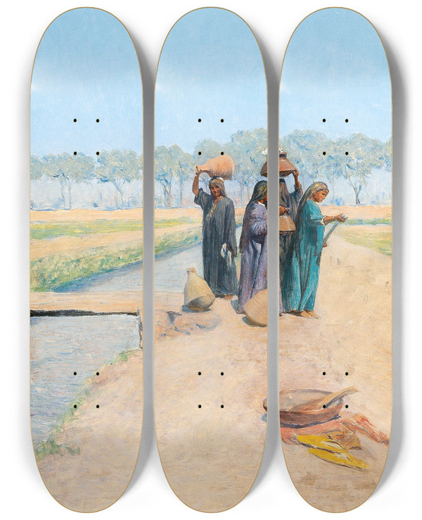 Triptych art skateboard deck of Alphons Leopold Mielich Fellahin Motif On The Road To Giza Near Cairo by Alphons Leopold Mielich (1863-1929)