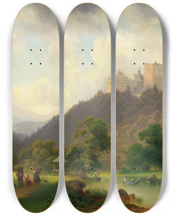Triptych art skateboard deck of Joseph Holzer The Pleasures Of Summer At The Foot Of A Castle by Joseph Holzer (1824-1876)