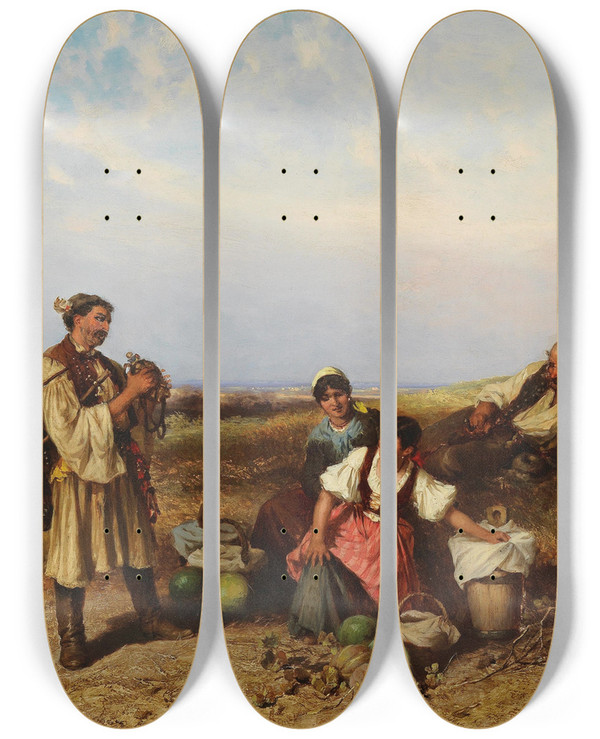 Triptych art skateboard deck of Pal Bhm Rast Am Feld by Pal Bohm (1839-1905)
