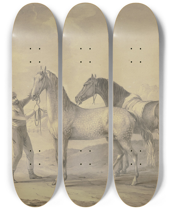 Triptych art skateboard deck of Johann Georg Pforr Horses From Tunis by Johann Georg Pforr (1745-1798)