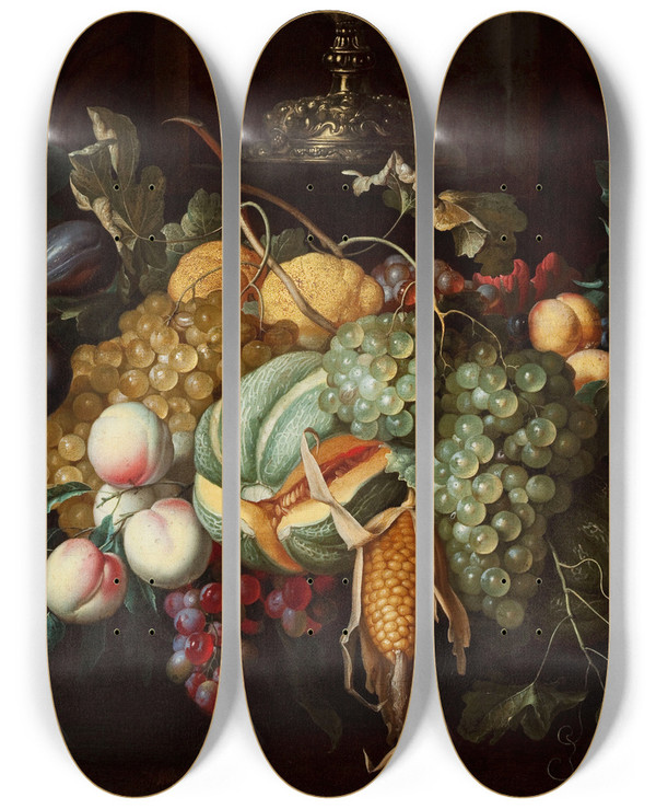 Triptych art skateboard deck of Alexander Coosemans Still Life With Fruits And Corn by Alexander Coosemans (1627-1689)