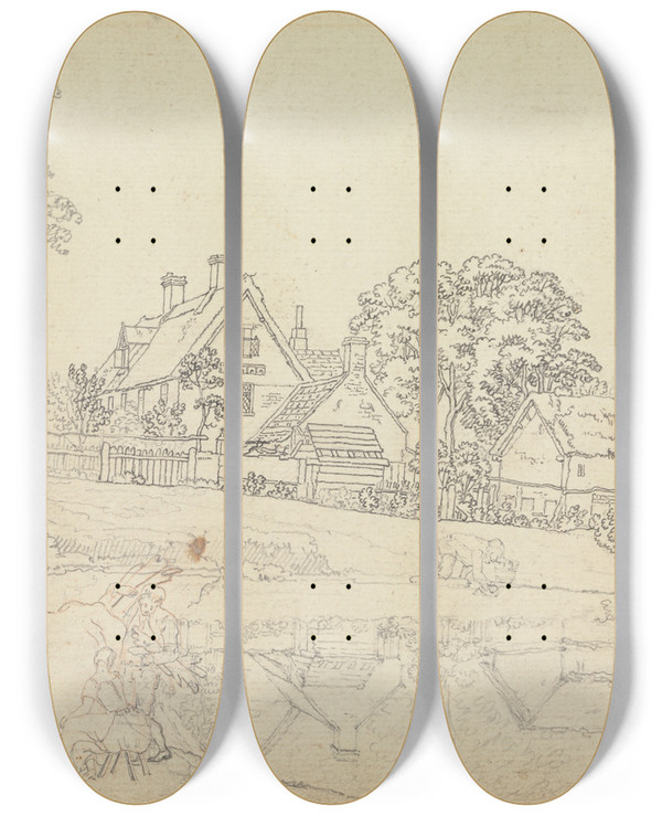 Triptych art skateboard deck of Benjamin West Parsonage House At Henstead by Benjamin West (1738-1820)