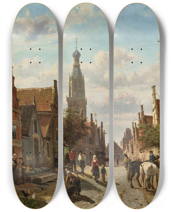 Triptych art skateboard deck of Cornelis Springer De Vijzelstraat Te Enkhuizen by Cornelis Springer (1817-1891)