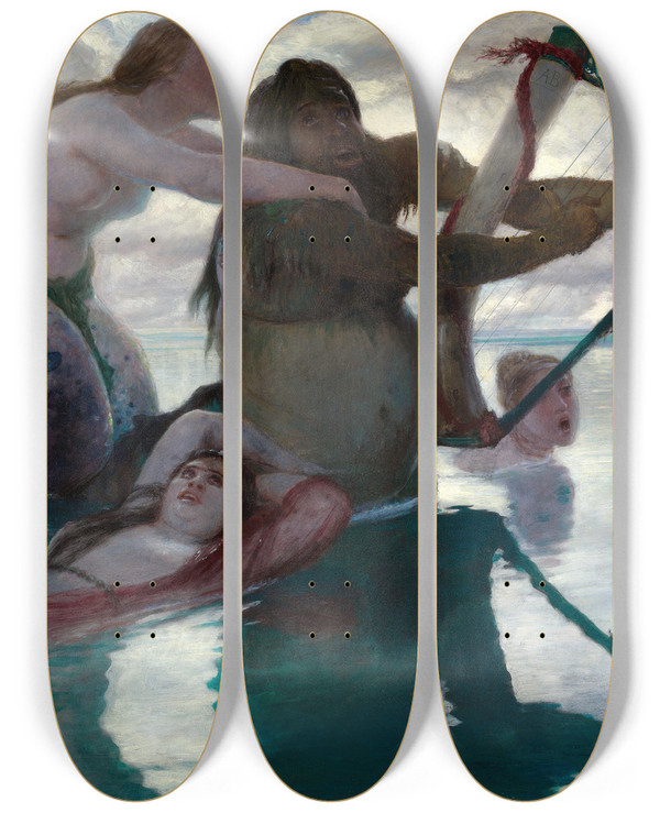 Triptych art skateboard deck of Arnold Bcklin In The Sea by Arnold Bocklin (1827-1901)
