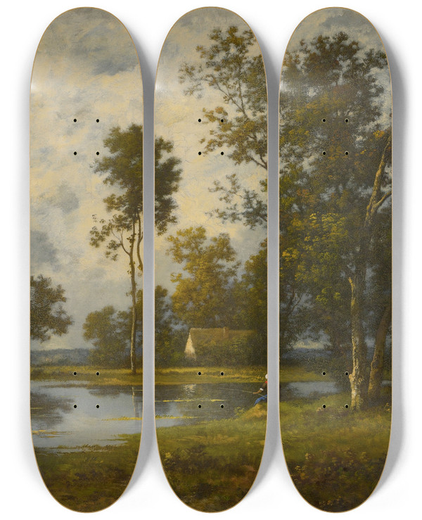 Triptych art skateboard deck of Leon Richet Landscape With A Quiet Pool by Leon Richet (1847-1902)