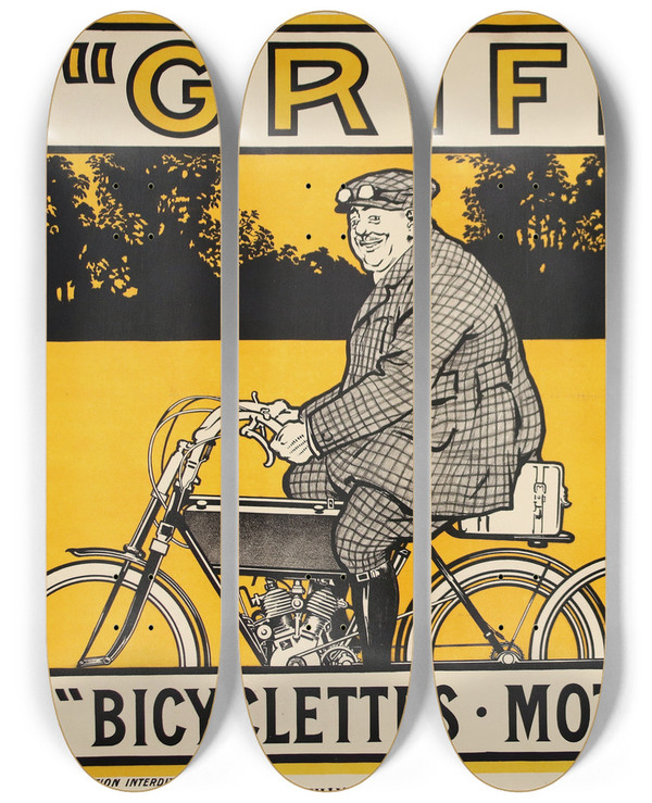 Triptych art skateboard deck of Jean Matet Griffon by Jean Matet (1870-1936)