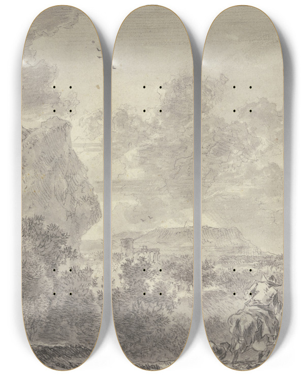 Triptych art skateboard deck of Adriaen Van Der Cabel Italienische Landschaft Bewaldete Ebene Vorne Zwei Wanderer Der Linke Beritten by Adriaen Van Der Cabel (1631-1705)