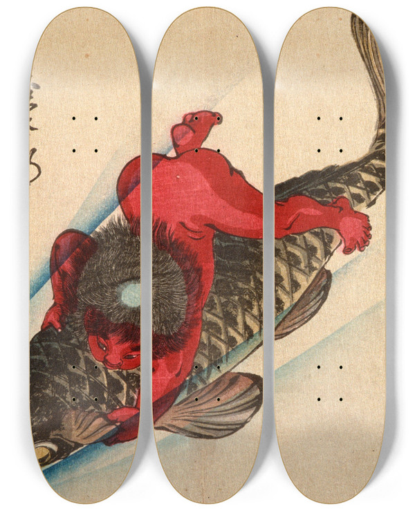 Triptych art skateboard deck of Tsukioka Yoshitoshi Kintar Captures The Carp by Tsukioka Yoshitoshi (1839-1892)