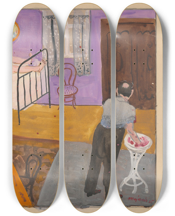 Triptych art skateboard deck of Cyprin Majernk Lovers At Periphery by Cyprian Majernik (1909-1945)