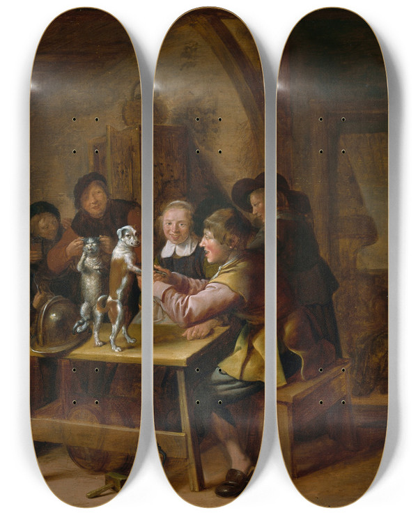 Triptych art skateboard deck of Jan Miense Molenaer Peasants Teaching A Cat And Dog To Dance by Jan Miense Molenaer (1610-1668)