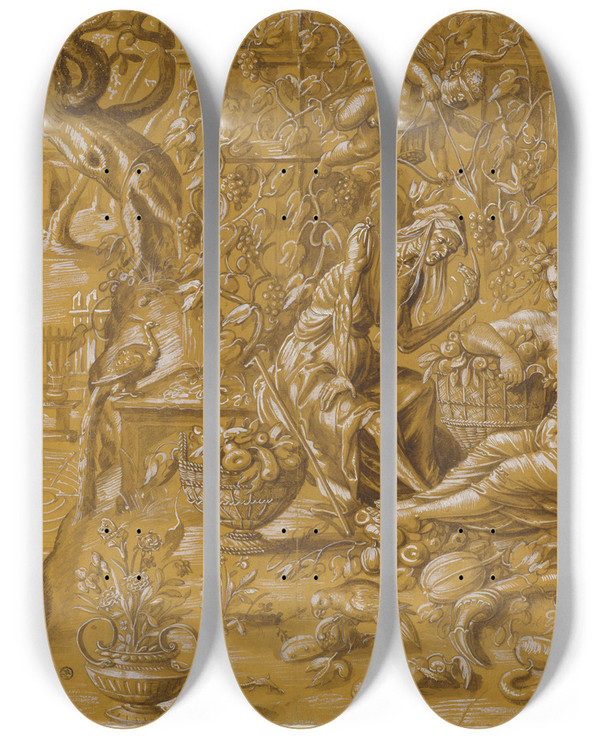 Triptych art skateboard deck of Hans Bock The Elder Vertumnus Und Pomona by Hans Bock The Elder (1550-1624)