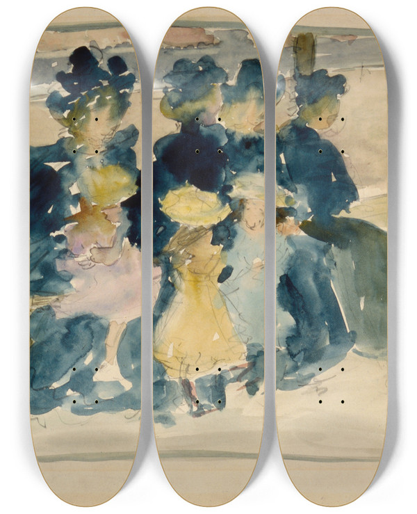 Triptych art skateboard deck of Maurice Prendergast Along The Boulevard by Maurice Prendergast (1858-1924)