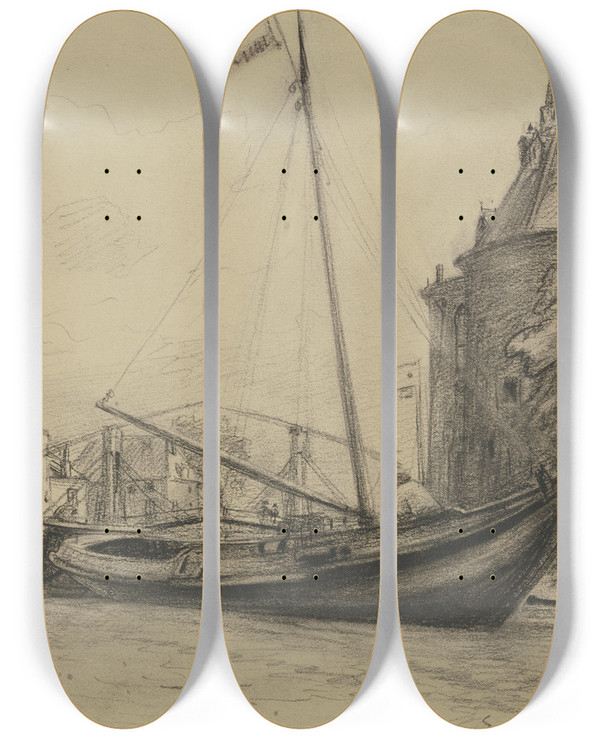 Triptych art skateboard deck of Friedrich Ernst Morgenstern Channel With Fishing Boats by Friedrich Ernst Morgenstern (1853-1919)