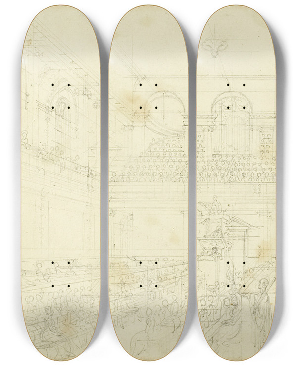 Triptych art skateboard deck of Augustus Charles Pugin Study For Foundling Hospital The Chapel From Microcosm Of London by Augustus Charles Pugin (1762-1832)