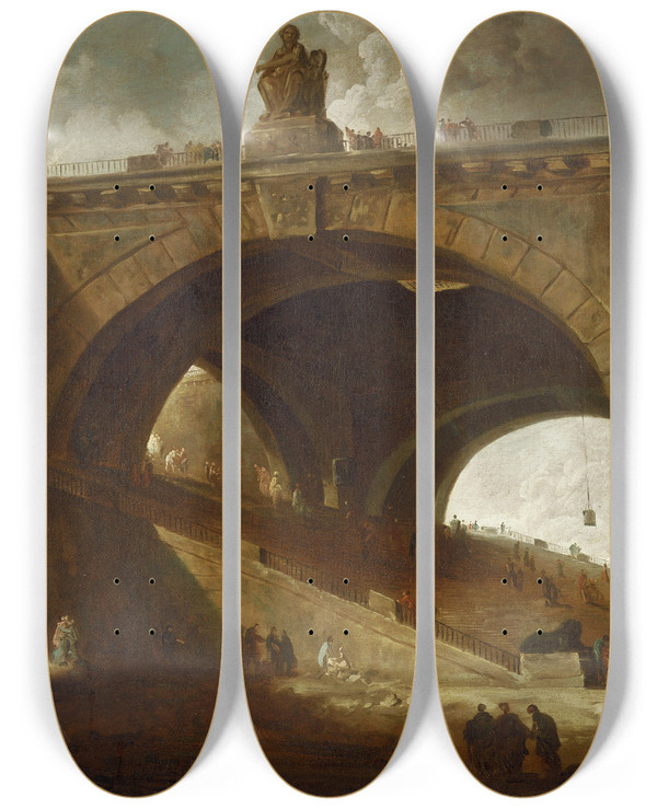 Triptych art skateboard deck of Hubert Robert The Oldbridge by Hubert Robert (1733-1808)
