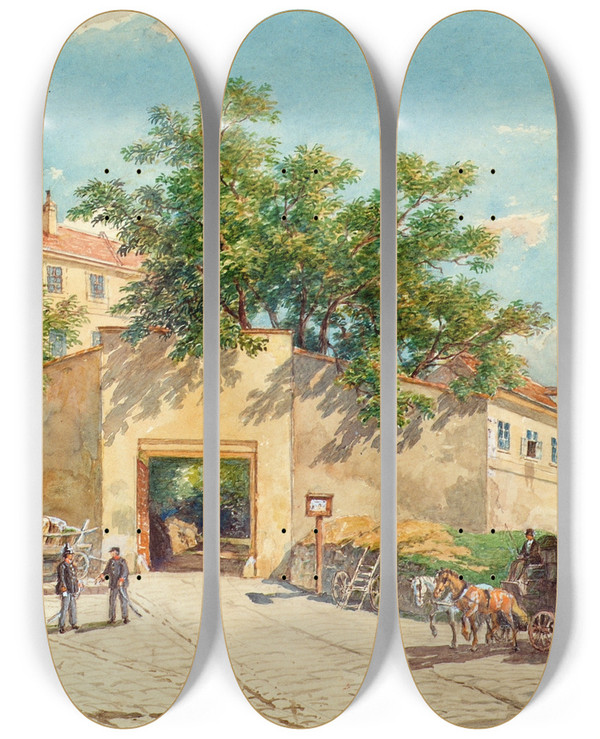 Triptych art skateboard deck of Franz Reinhold Das Polizeigefangenenhaus In Der Theobaldgasse In Wien by Franz Reinhold (1816-1893)