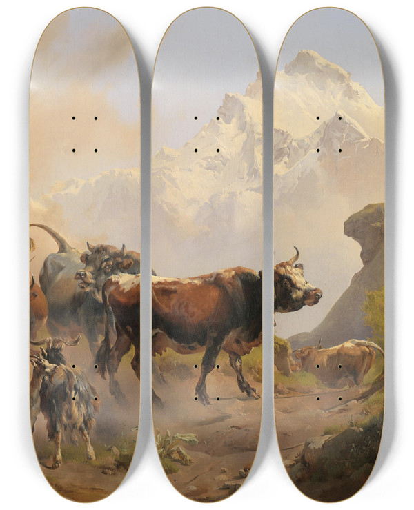 Triptych art skateboard deck of Johann Nepomuk Rauch Almabtrieb by Johann Nepomuk Rauch (1804-1847)