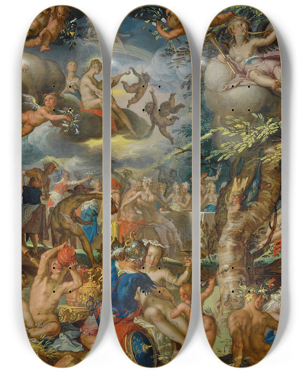 Triptych art skateboard deck of Joachim Wtewael Abanquet Of The Gods by Joachim Wtewael (1566-1638)
