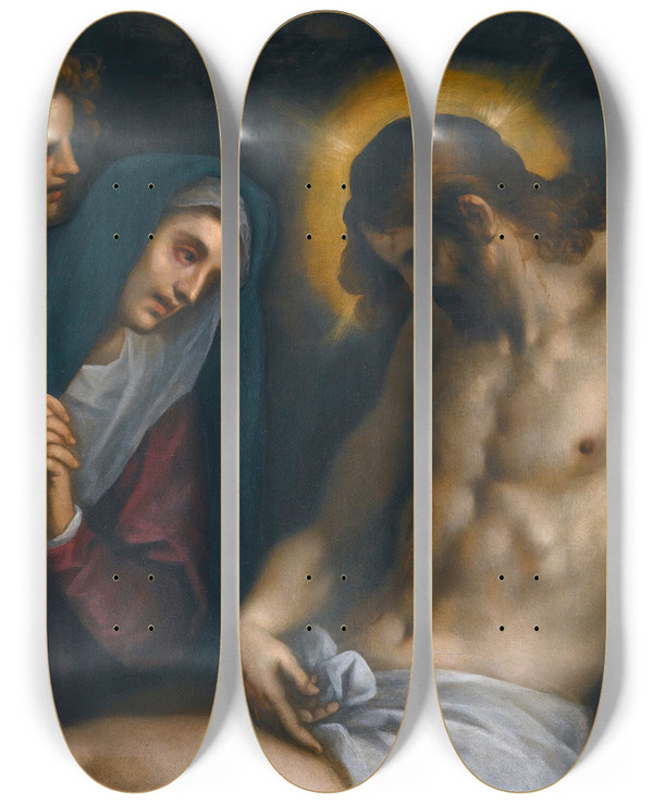 Triptych art skateboard deck of Jacopo Palma Il Vecchio The Deposition by Jacopo Palma Il Vecchio (1480-1528)
