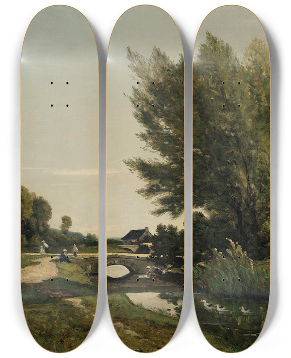 Triptych art skateboard deck of Henrijoseph Harpignies Une Vue Prs De Saintpriv by Henri Joseph Harpignies (1819-1916)