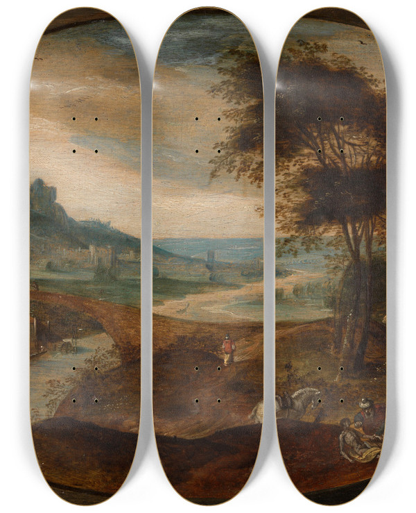 Triptych art skateboard deck of Frans Mostaert Landscape With The Good Samaritan by Frans Mostaert