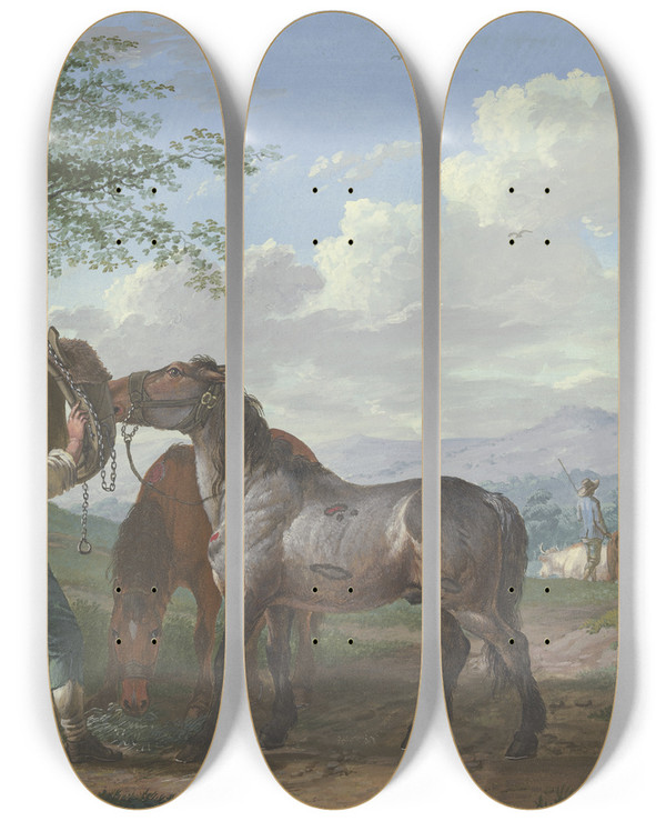 Triptych art skateboard deck of Johann Georg Pforr Zwei Pferde Auf Dem Felde Unter Einem Baum by Johann Georg Pforr (1745-1798)